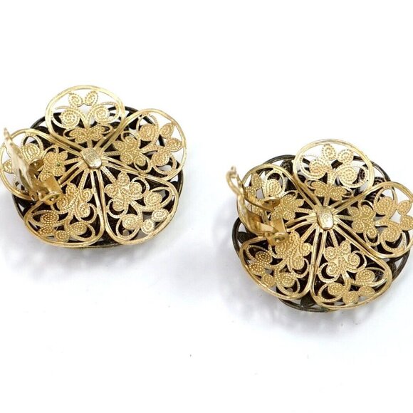 CHANEL CC Logo Green Gripoix Filigree Camellia Earrings Gold Tone 01A Auth w/Box - Picture 3 of 6